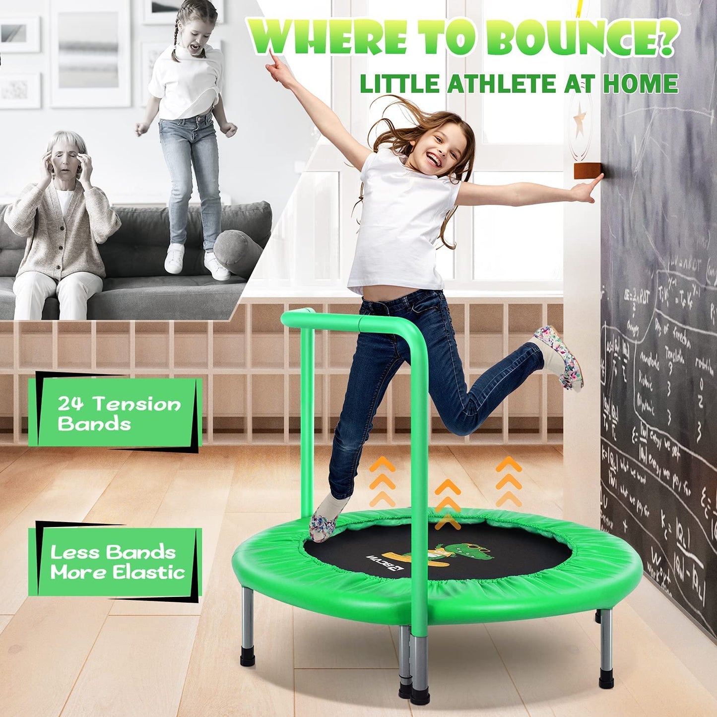 BCAN 36'' Mini Folding Ages 2 to 5 Toddler Trampoline with Handle for Kids / Green