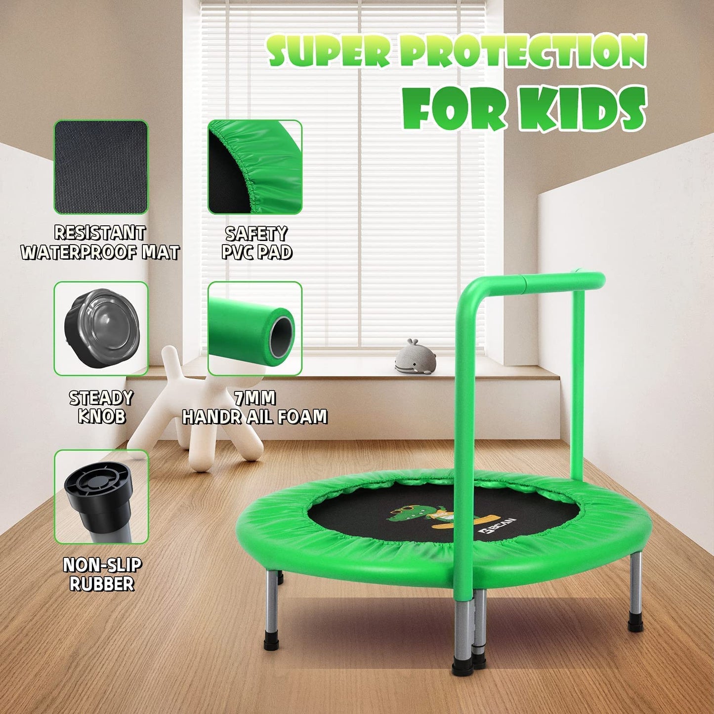 BCAN 36'' Mini Folding Ages 2 to 5 Toddler Trampoline with Handle for Kids / Green