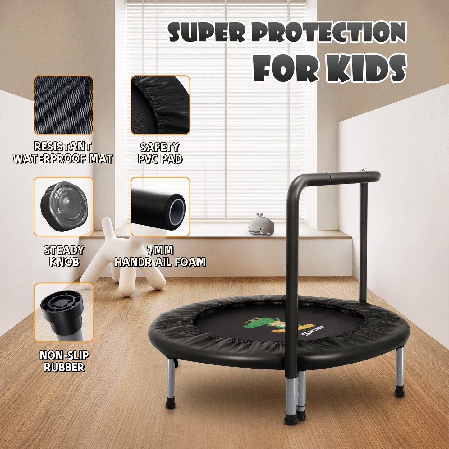 BCAN 36'' Mini Folding Ages 2 to 5 Toddler Trampoline with Handle for Kids / Black