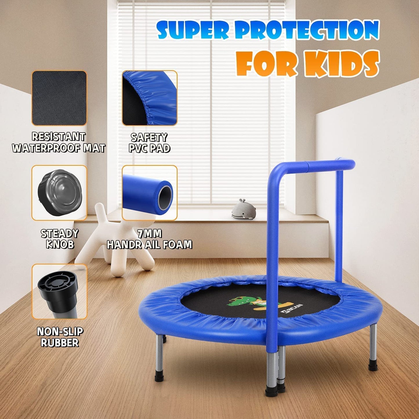 BCAN 36'' Mini Folding Ages 2 to 5 Toddler Trampoline with Handle for Kids / Blue