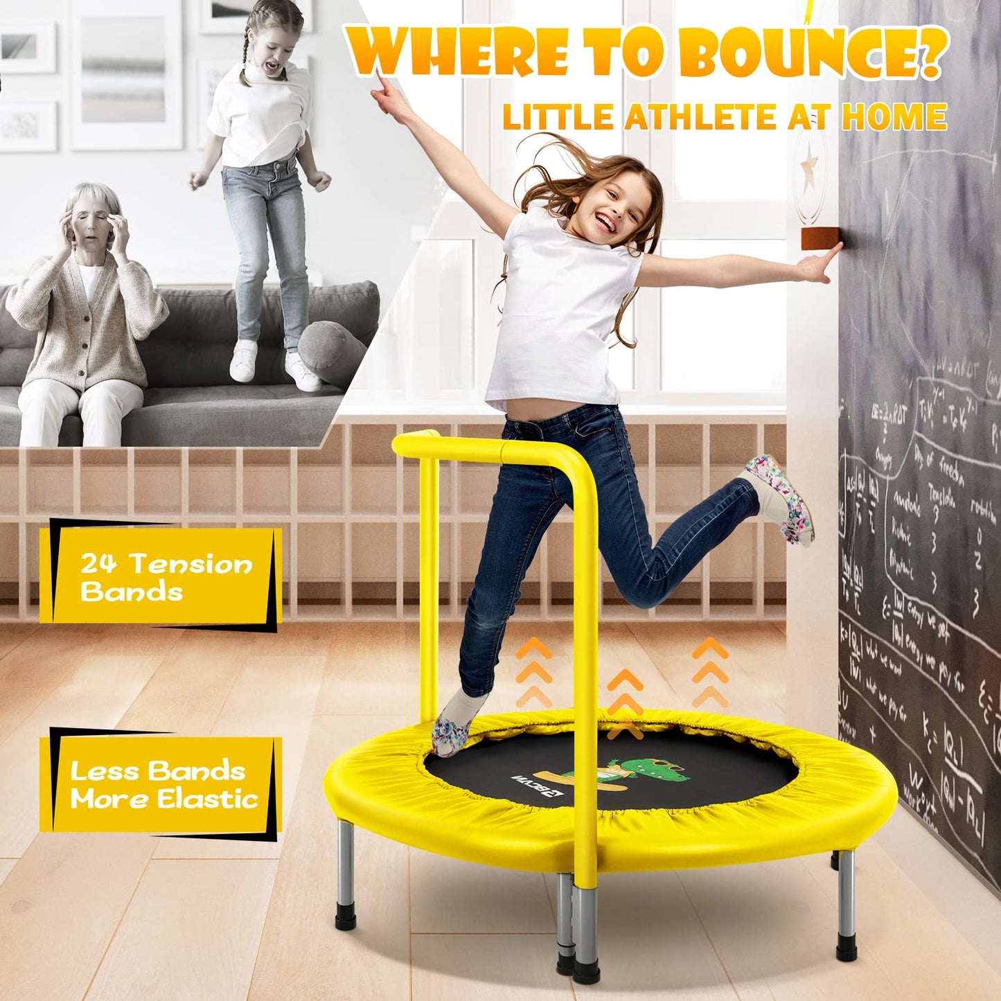 BCAN 36'' Mini Folding Ages 2 to 5 Toddler Trampoline with Handle for Kids / Yellow